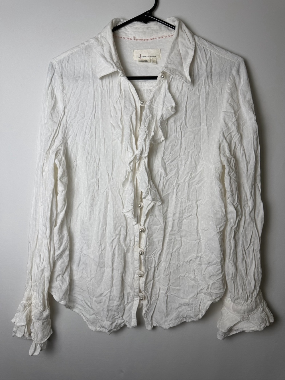 Anthropologie Ruffled Button Up Blouse Womens L White Pearl Buttons 100%Viscose